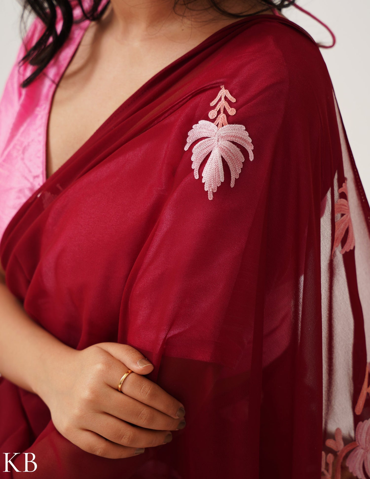 Raspberry with Blush-toned Chinar Embroidery Georgette Saree - Kashmir Box