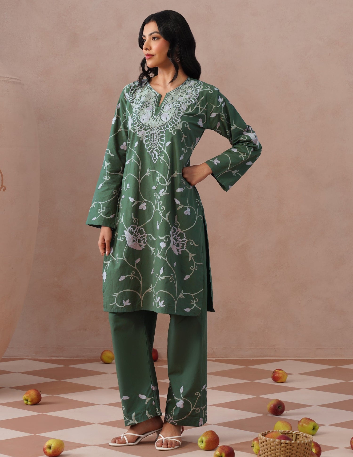 Olive Green Poplin Coordset – Pink &amp; Fawn Aari Embroidery | Casual Ethnic Wear - Kashmir Box