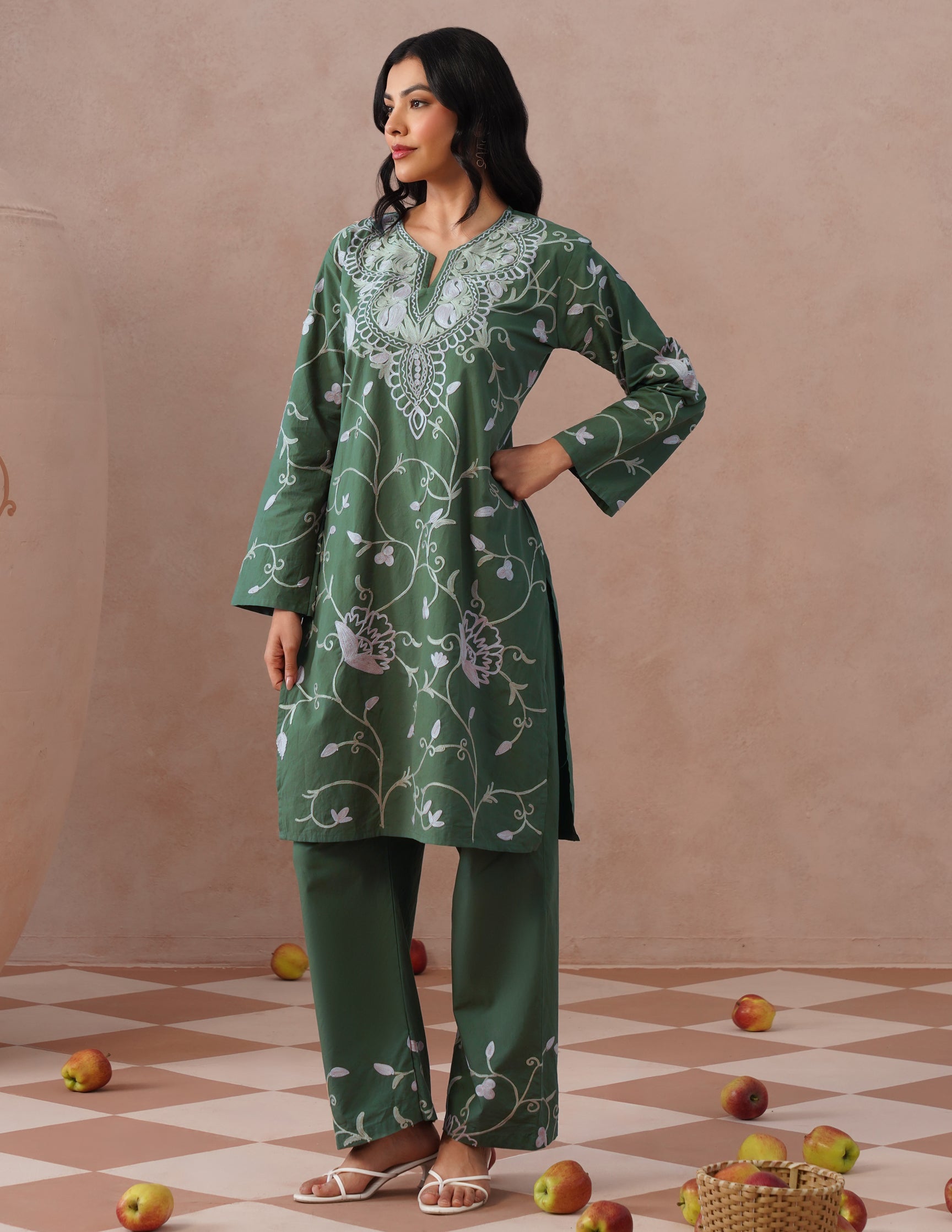 Olive Green Poplin Coordset – Pink &amp; Fawn Aari Embroidery | Casual Ethnic Wear - Kashmir Box