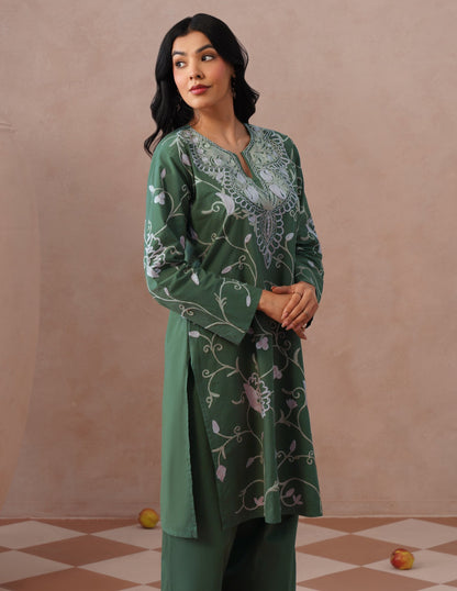 Olive Green Poplin Coordset – Pink &amp; Fawn Aari Embroidery | Casual Ethnic Wear - Kashmir Box