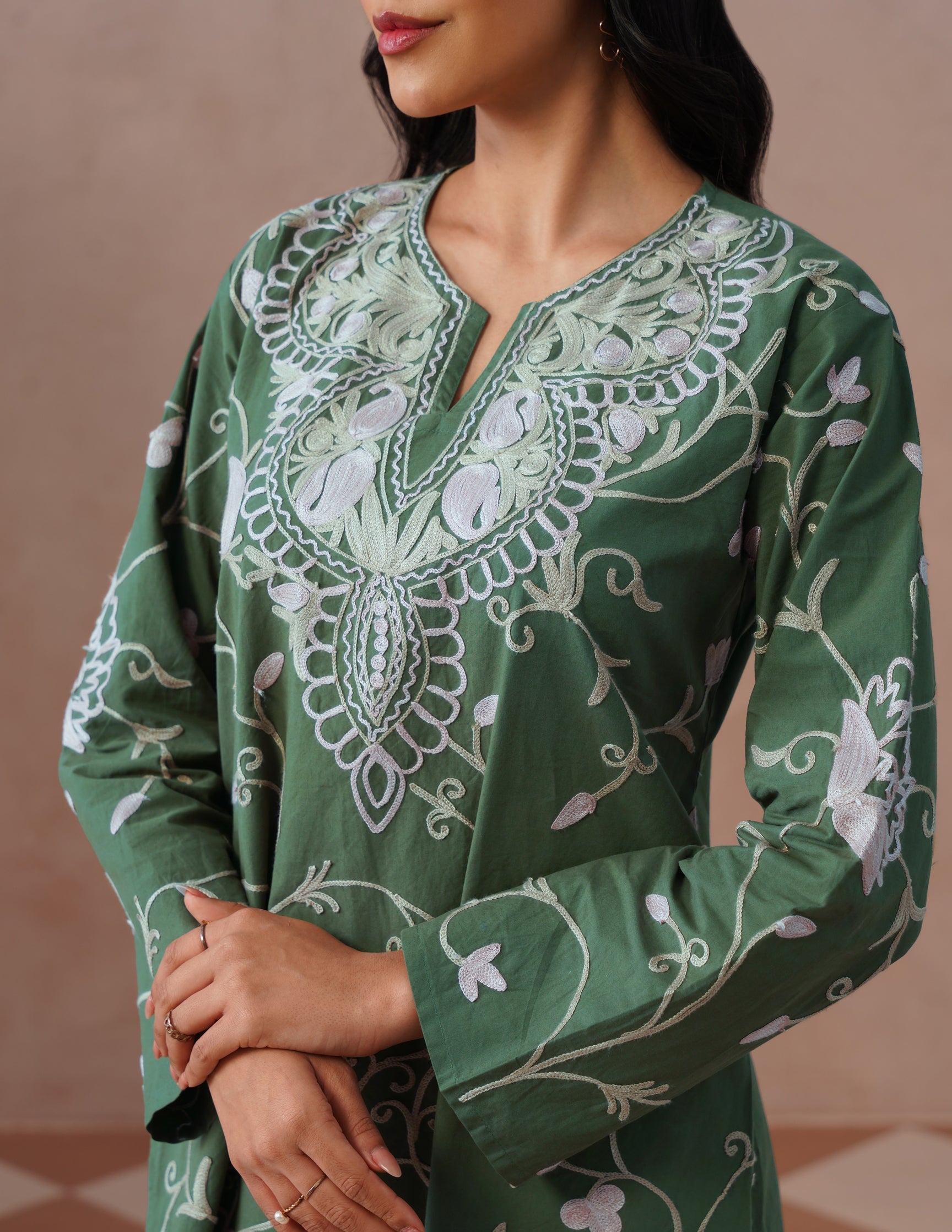 Olive Green Poplin Coordset – Pink &amp; Fawn Aari Embroidery | Casual Ethnic Wear - Kashmir Box