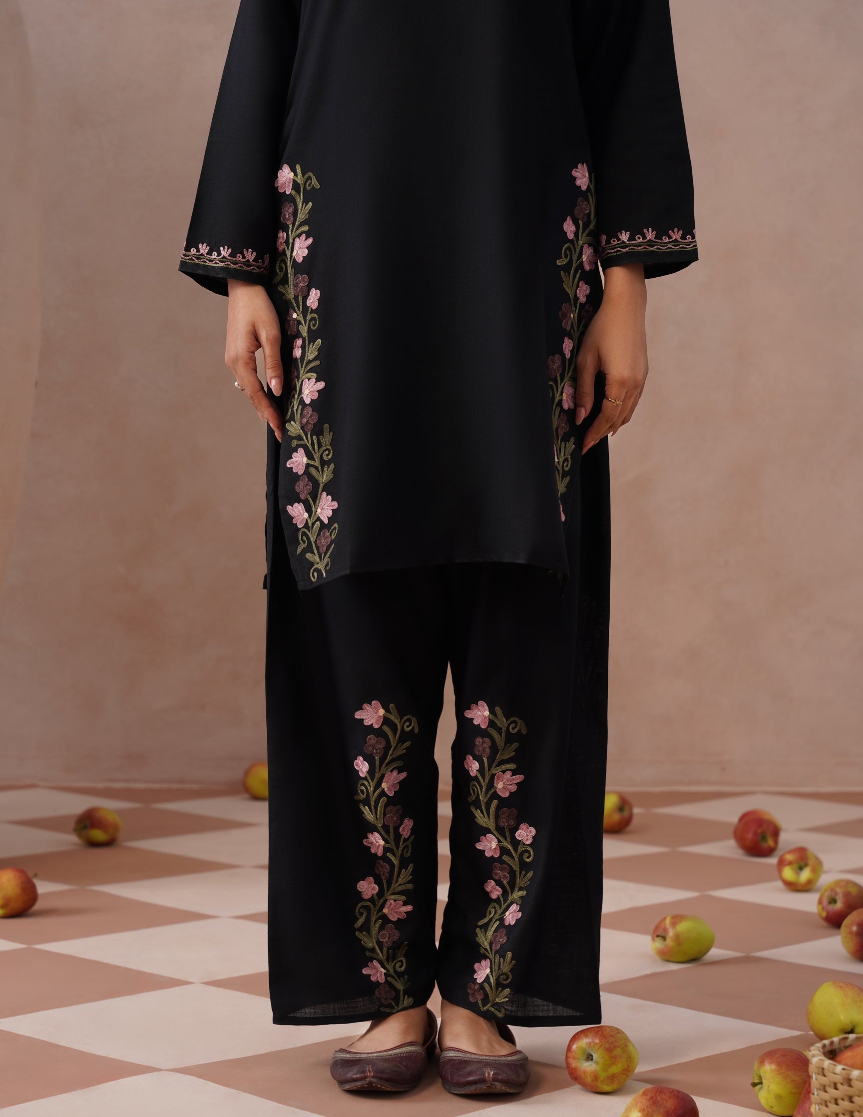 Black Cotton Coordset – Lavender &amp; Green Aari Embroidery | Office Ethnic Wear - Kashmir Box