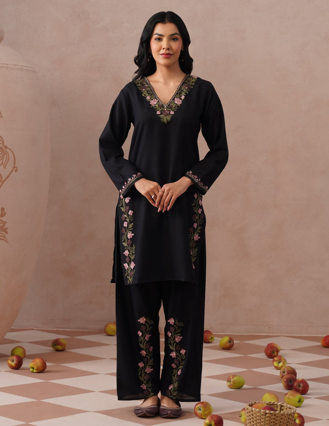 Black Cotton Coordset – Lavender &amp; Green Aari Embroidery | Office Ethnic Wear - Kashmir Box