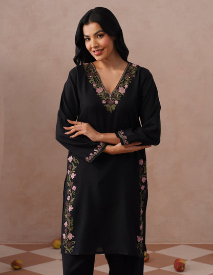 Black Cotton Coordset – Lavender &amp; Green Aari Embroidery | Office Ethnic Wear - Kashmir Box