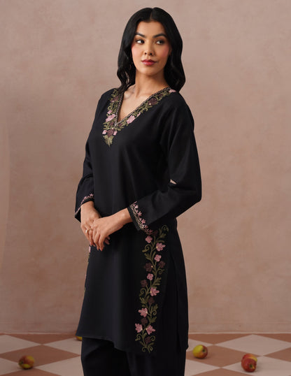 Black Cotton Coordset – Lavender &amp; Green Aari Embroidery | Office Ethnic Wear - Kashmir Box