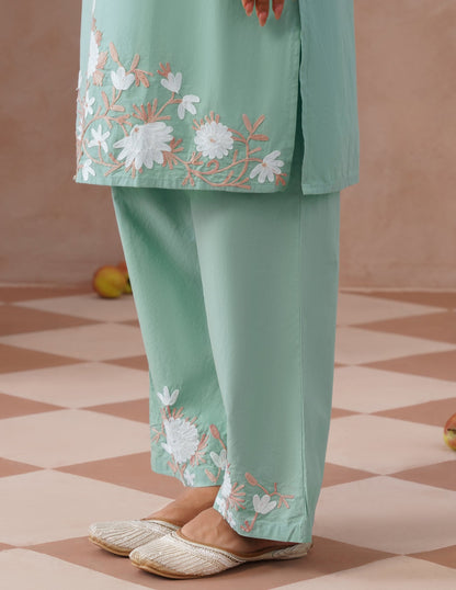 Light Green Poplin Coordset – White &amp; Fawn Aari Work | Casual Ethnic Wear - Kashmir Box