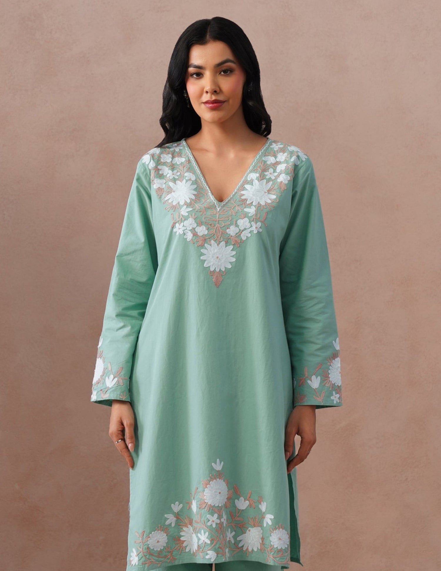 Light Green Poplin Coordset – White &amp; Fawn Aari Work | Casual Ethnic Wear - Kashmir Box