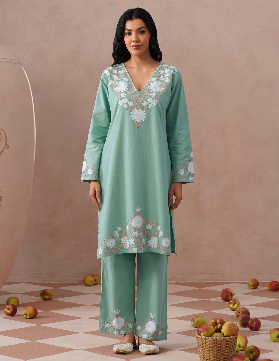 Light Green Poplin Coordset – White & Fawn Aari Work | Casual Ethnic Wear - Kashmir Box