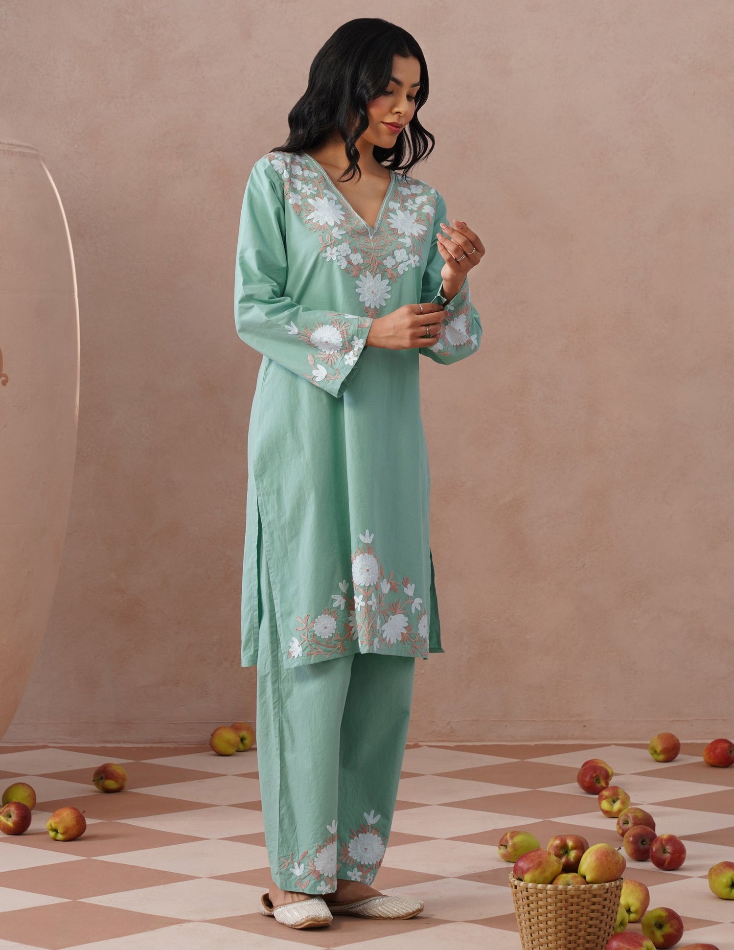 Light Green Poplin Coordset – White &amp; Fawn Aari Work | Casual Ethnic Wear - Kashmir Box
