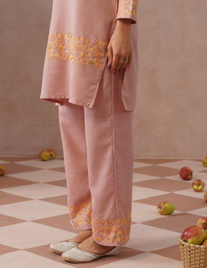 Dusky Pink Cotton Coordset – Green &amp; Golden Aari Embroidery | Office &amp; Casual Ethnic Wear - Kashmir Box
