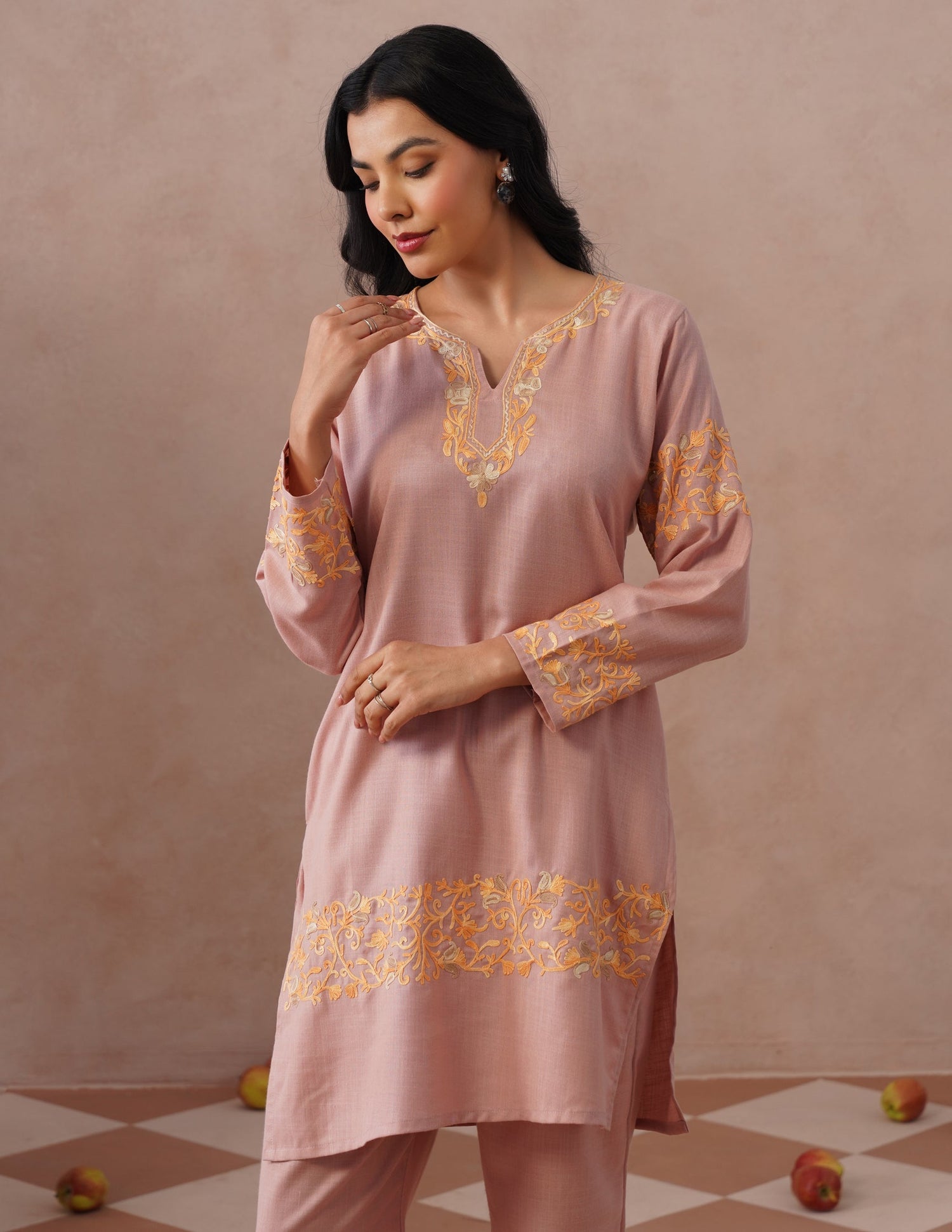 Dusky Pink Cotton Coordset – Green &amp; Golden Aari Embroidery | Office &amp; Casual Ethnic Wear - Kashmir Box