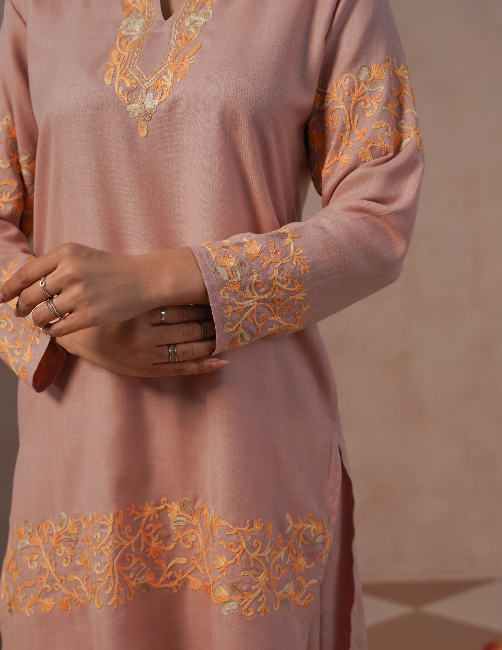 Dusky Pink Cotton Coordset – Green &amp; Golden Aari Embroidery | Office &amp; Casual Ethnic Wear - Kashmir Box