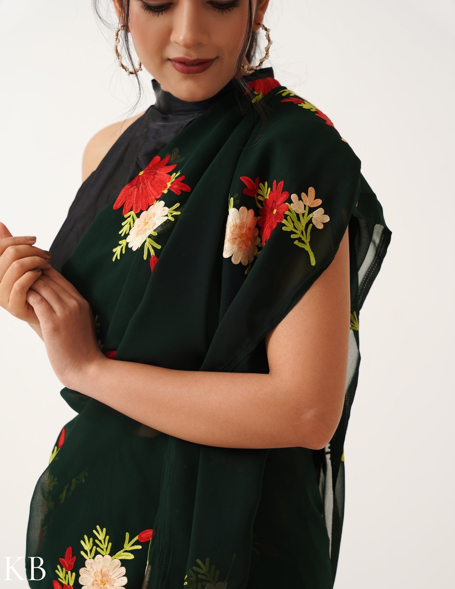 Deep Green Georgette Saree with Posy Aari Border - Kashmir Box