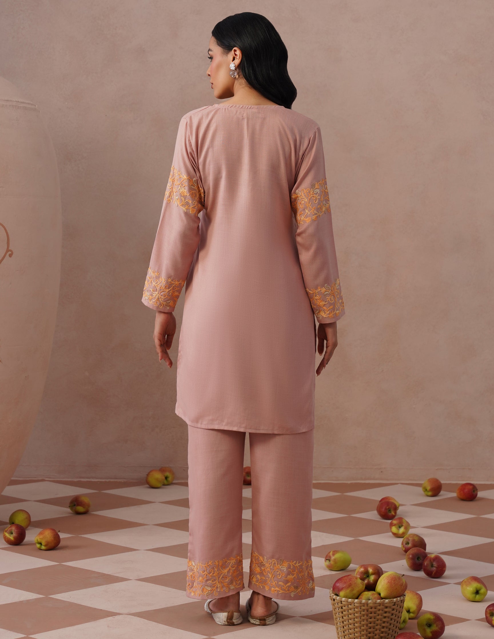 Dusky Pink Cotton Coordset – Green &amp; Golden Aari Embroidery | Office &amp; Casual Ethnic Wear - Kashmir Box