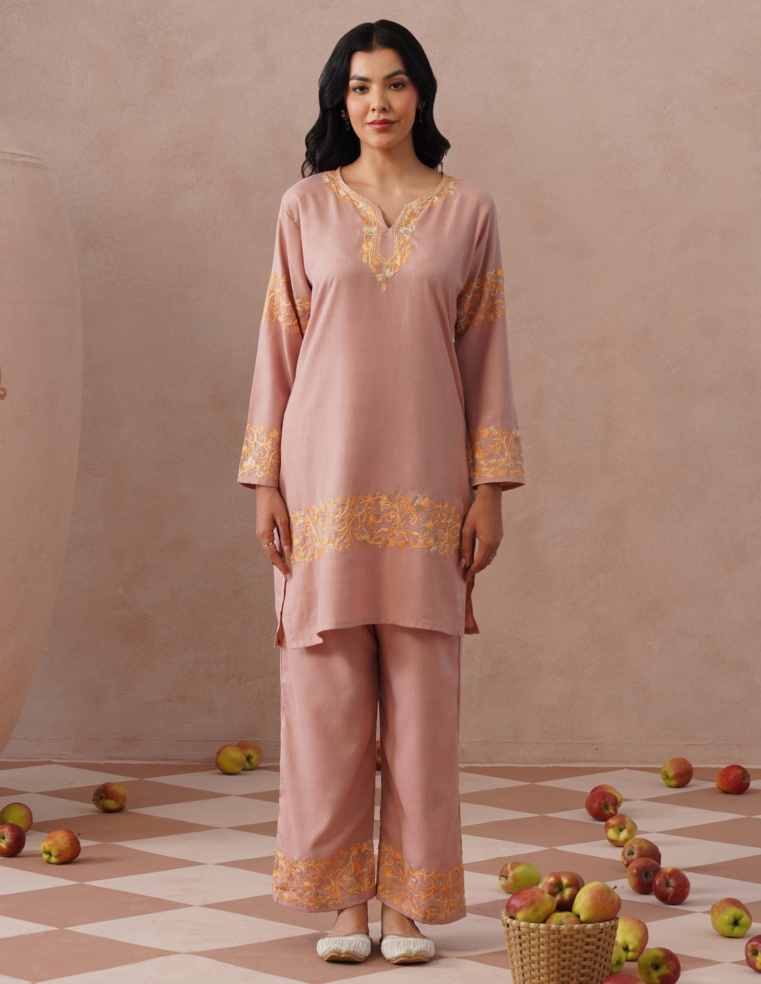 Dusky Pink Cotton Coordset – Green & Golden Aari Embroidery | Office & Casual Ethnic Wear - Kashmir Box