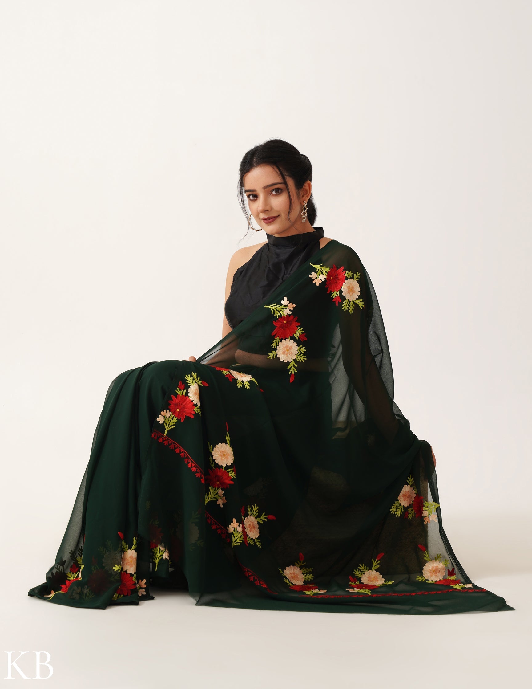 Deep Green Georgette Saree with Posy Aari Border - Kashmir Box