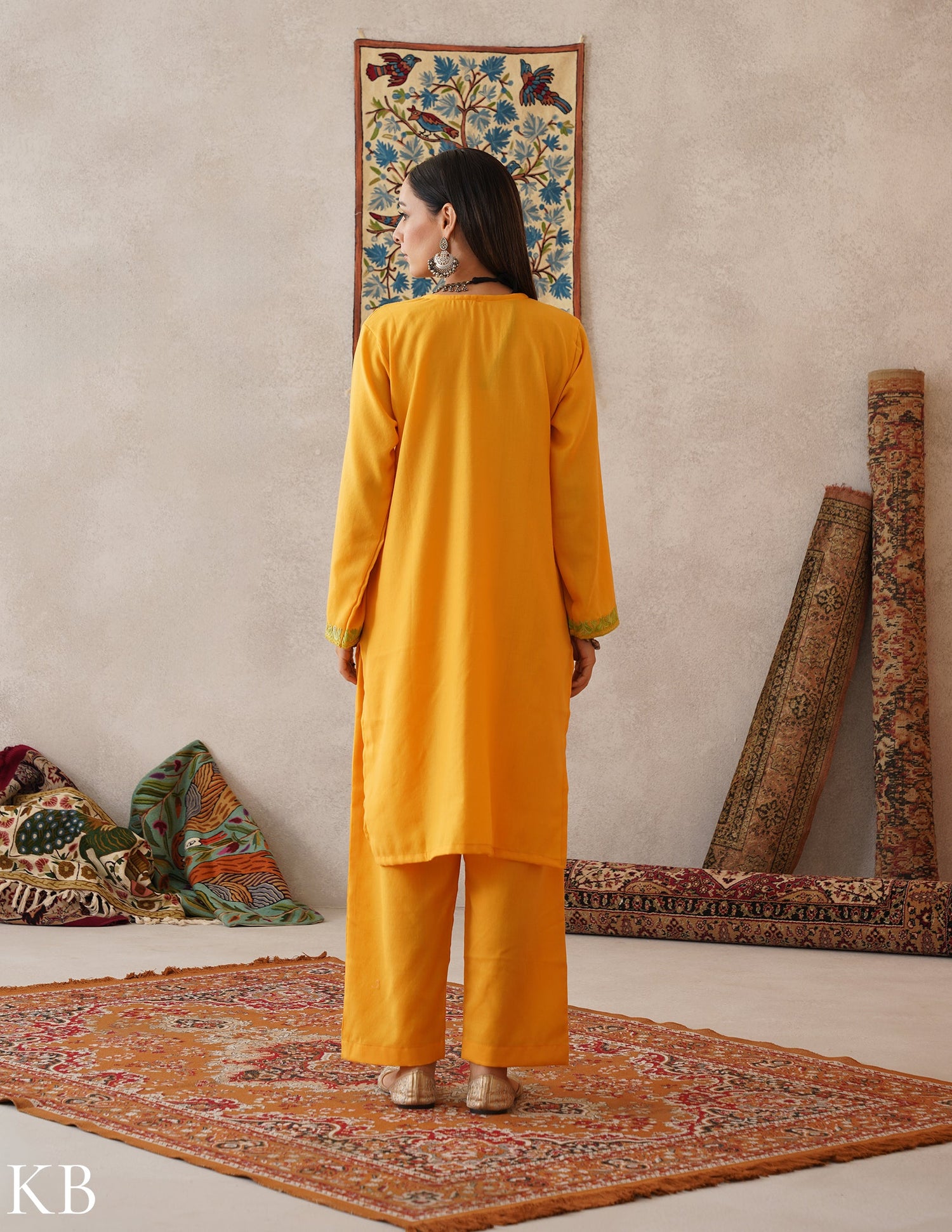 meHER Sun Yellow Kashmiri Aari Woollen Co-ord Set