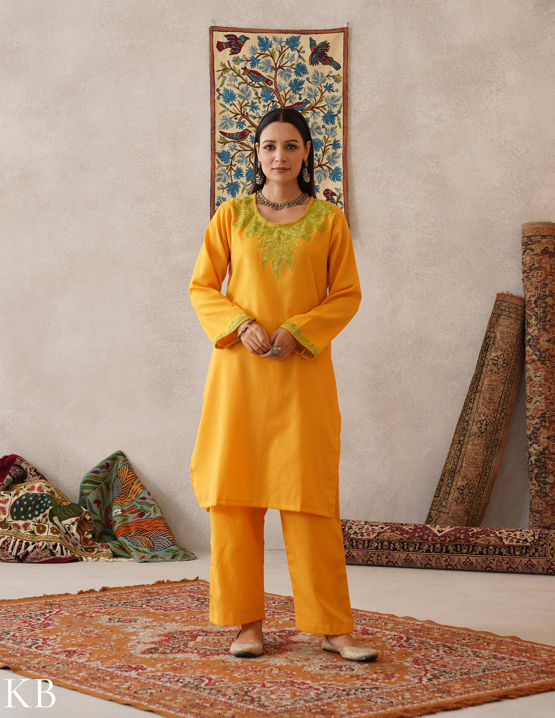 meHER Sun Yellow Kashmiri Aari Woollen Co-ord Set - Kashmir Box