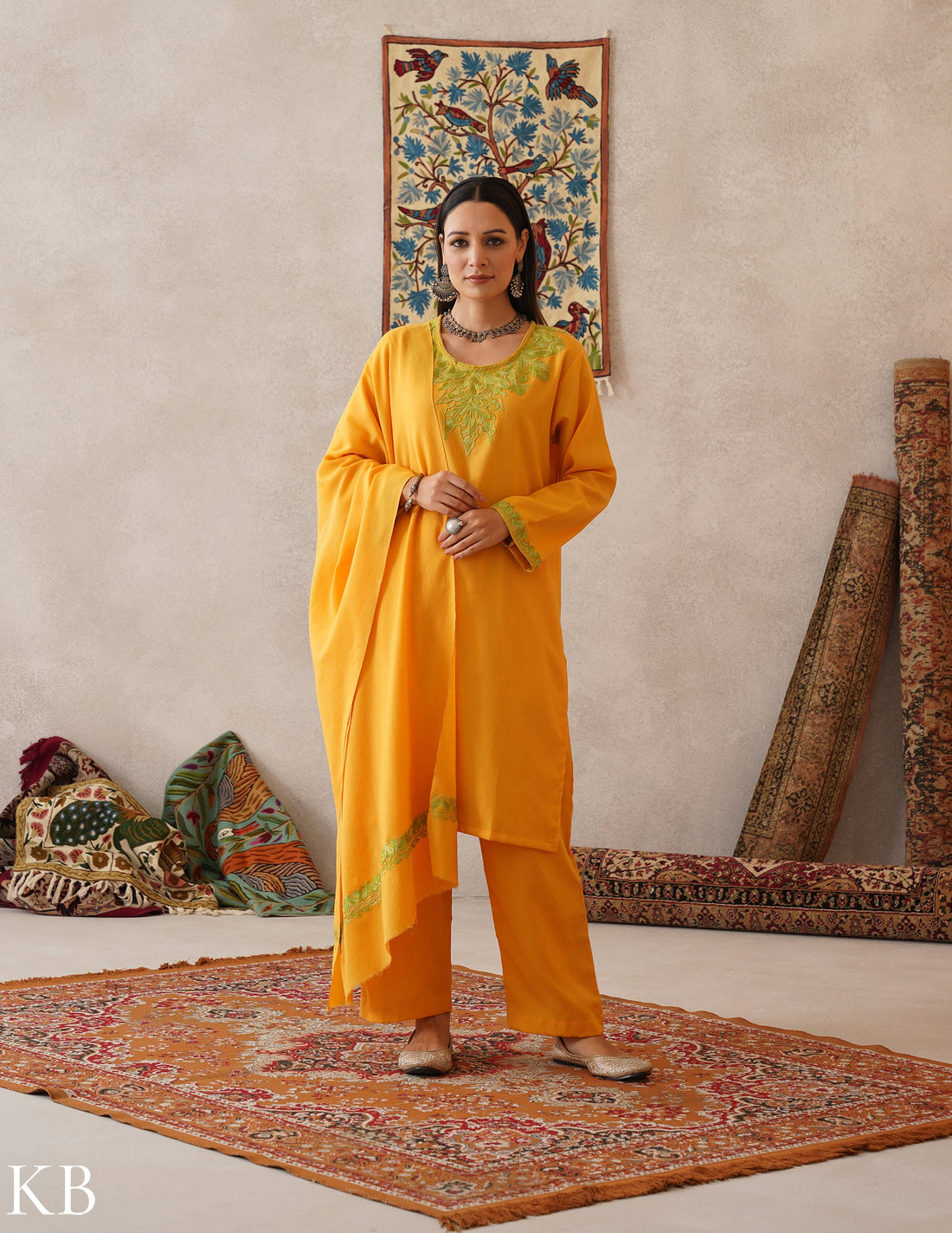 meHER Sun Yellow Kashmiri Aari Woollen Co-ord Set