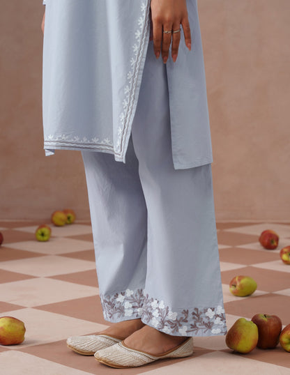 Light Blue Poplin Coordset – Brown &amp; White Aari Embroidery | Office Ethnic Wear - Kashmir Box
