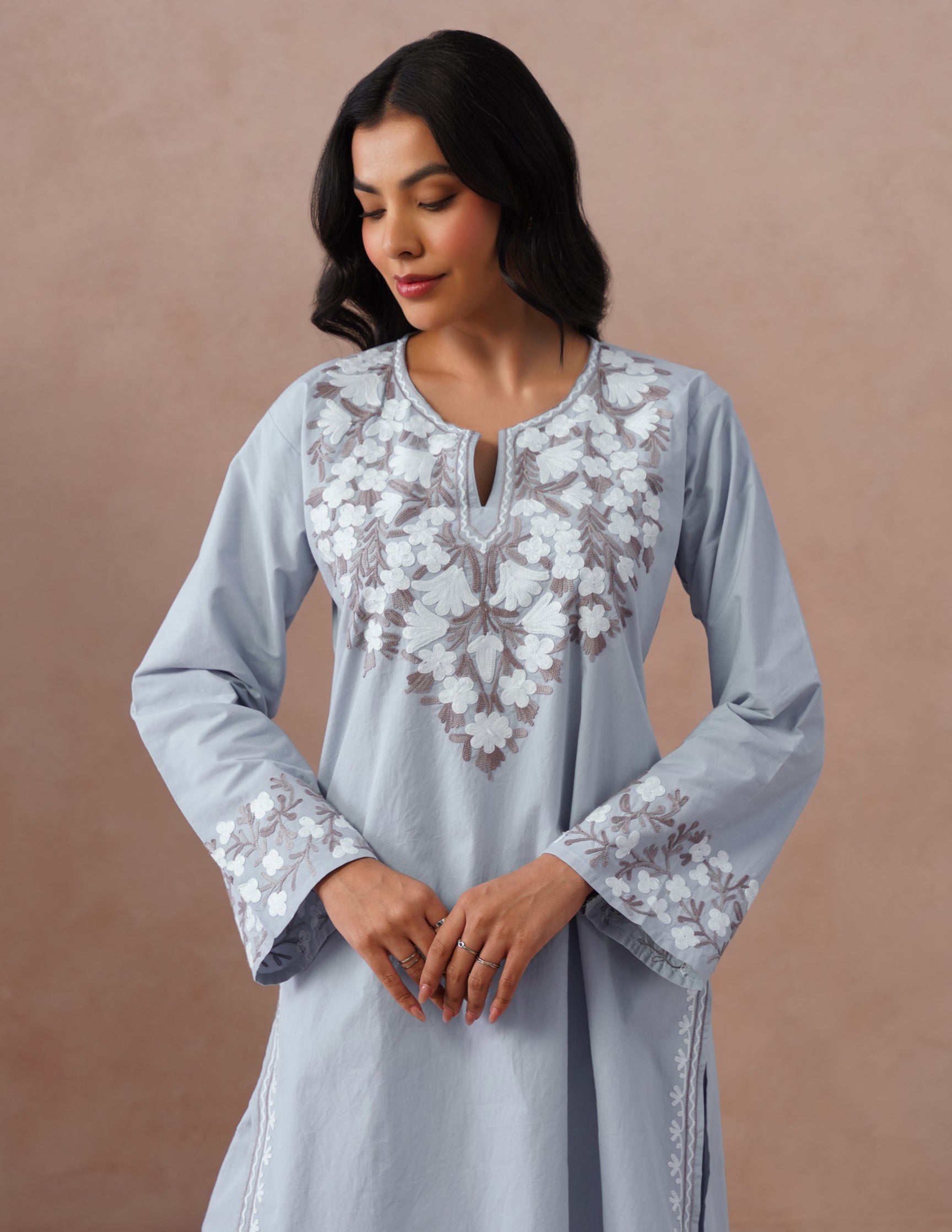 Light Blue Poplin Coordset – Brown &amp; White Aari Embroidery | Office Ethnic Wear - Kashmir Box
