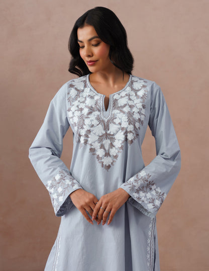 Light Blue Poplin Coordset – Brown &amp; White Aari Embroidery | Office Ethnic Wear - Kashmir Box
