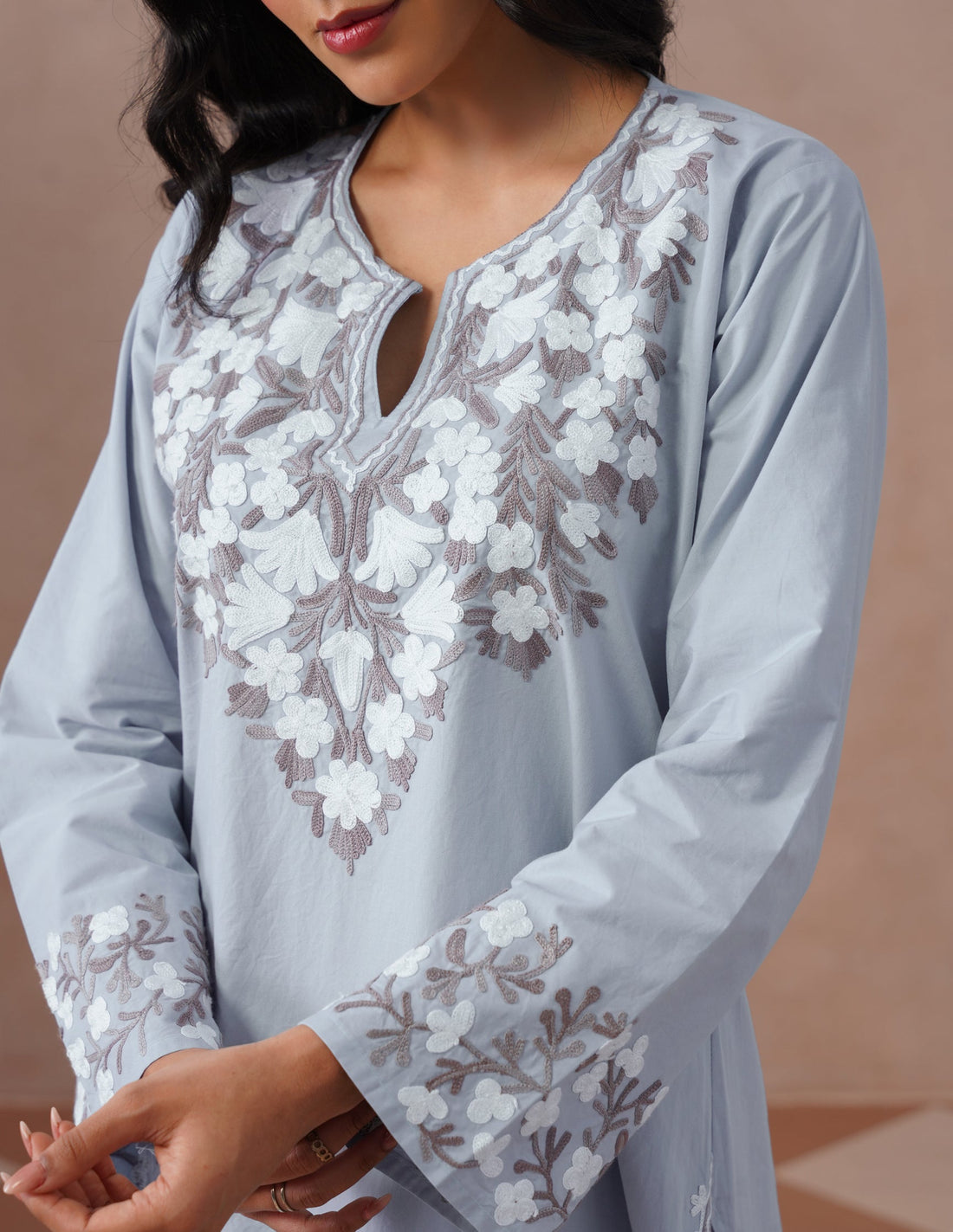 Light Blue Poplin Coordset – Brown &amp; White Aari Embroidery | Office Ethnic Wear - Kashmir Box