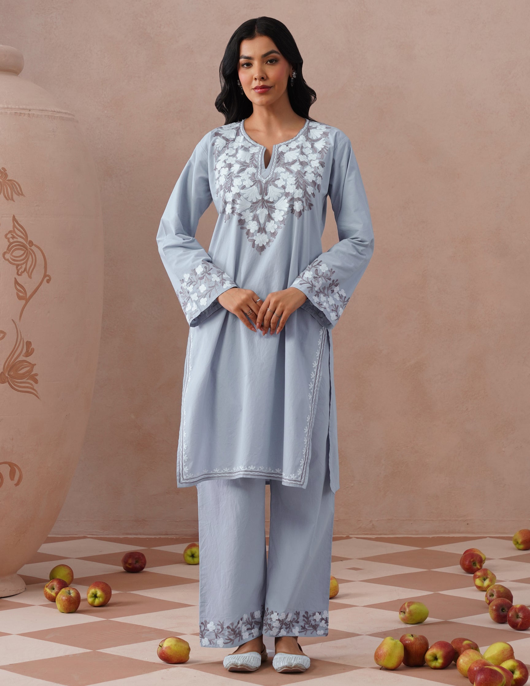 Light Blue Poplin Coordset – Brown &amp; White Aari Embroidery | Office Ethnic Wear - Kashmir Box