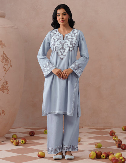 Light Blue Poplin Coordset – Brown &amp; White Aari Embroidery | Office Ethnic Wear - Kashmir Box