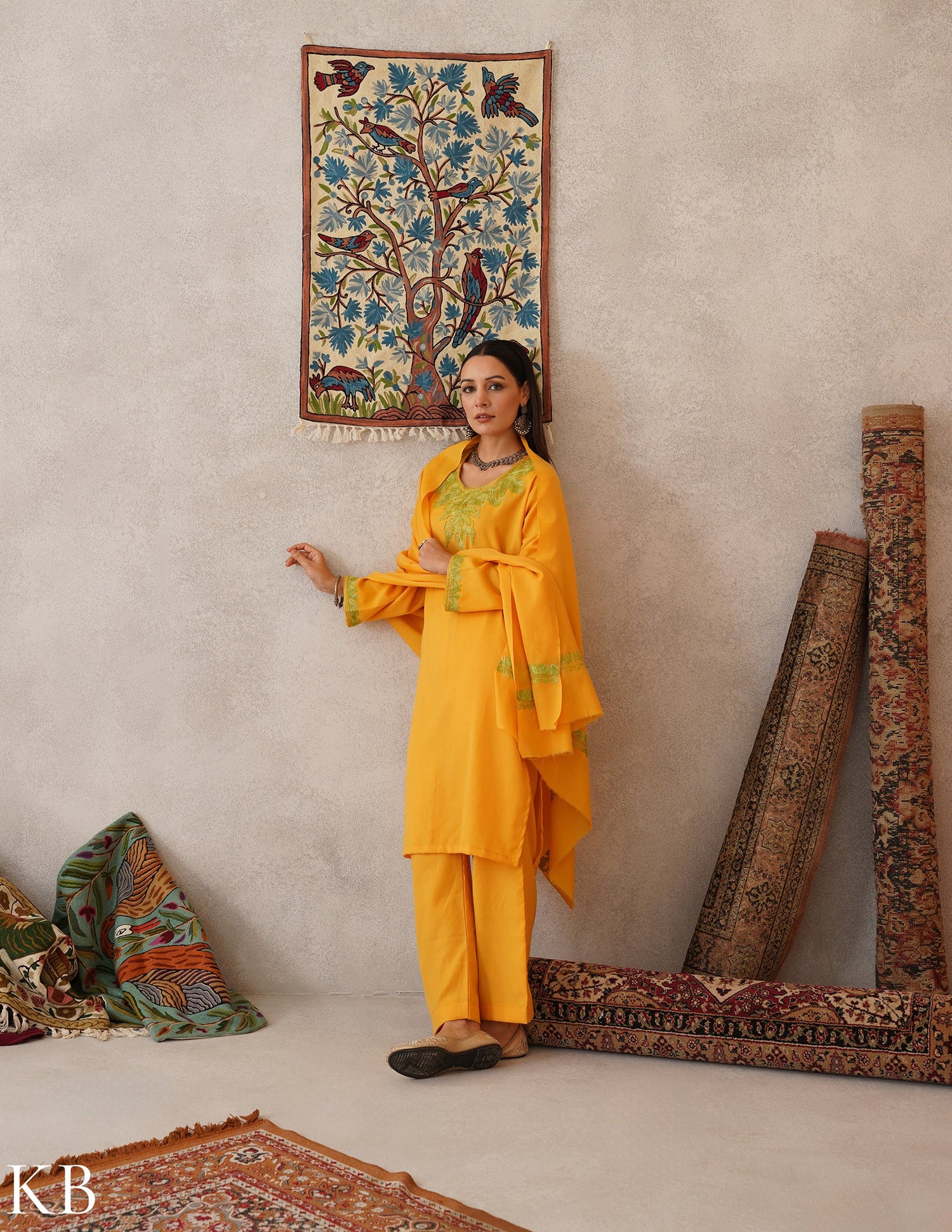 meHER Sun Yellow Kashmiri Aari Woollen Co-ord Set