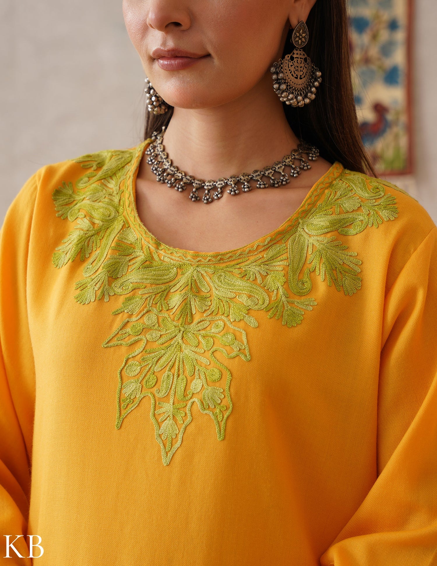 meHER Sun Yellow Kashmiri Aari Woollen Co-ord Set