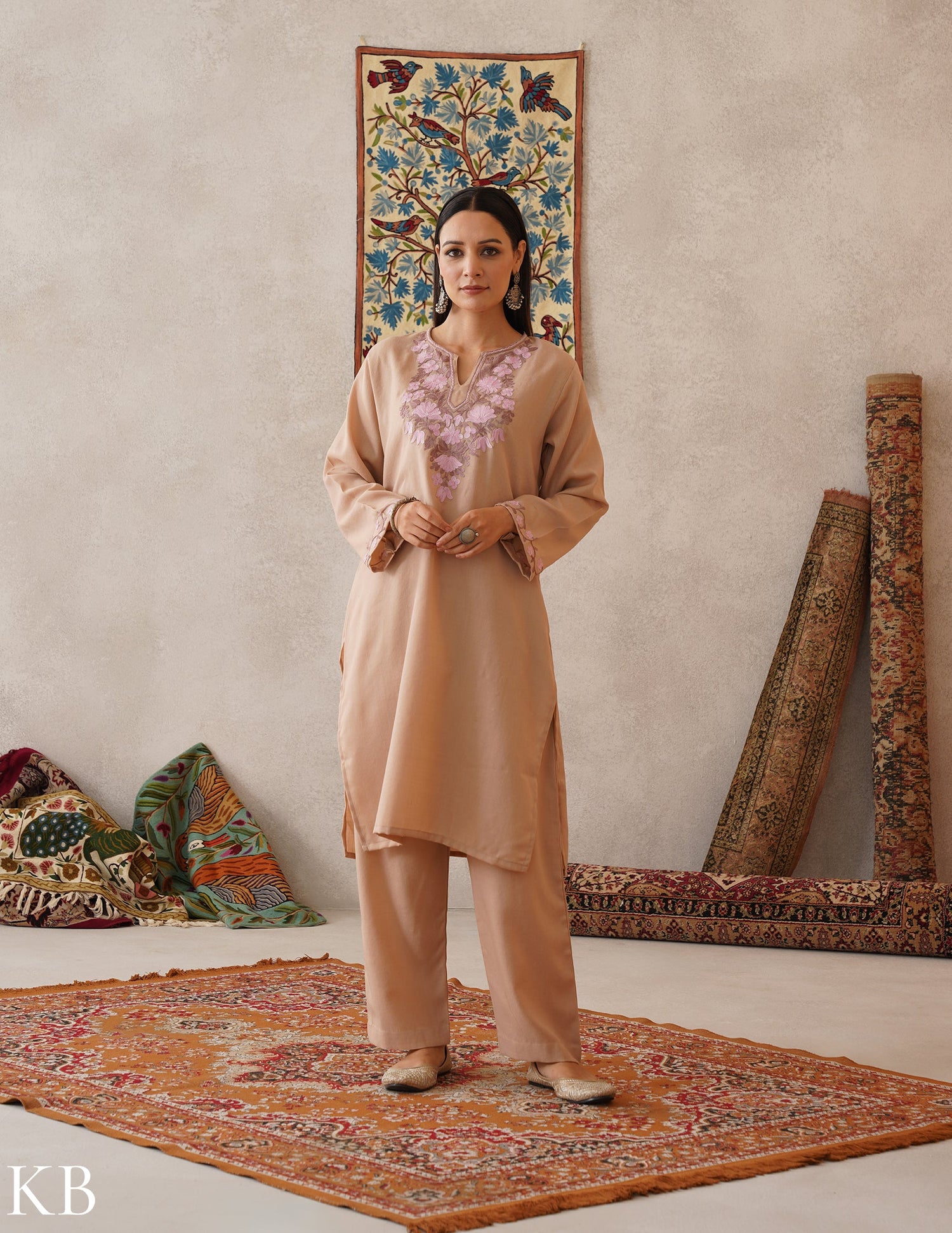 meHER Latte Brown Kashmiri Aari Woollen Co-ord Set