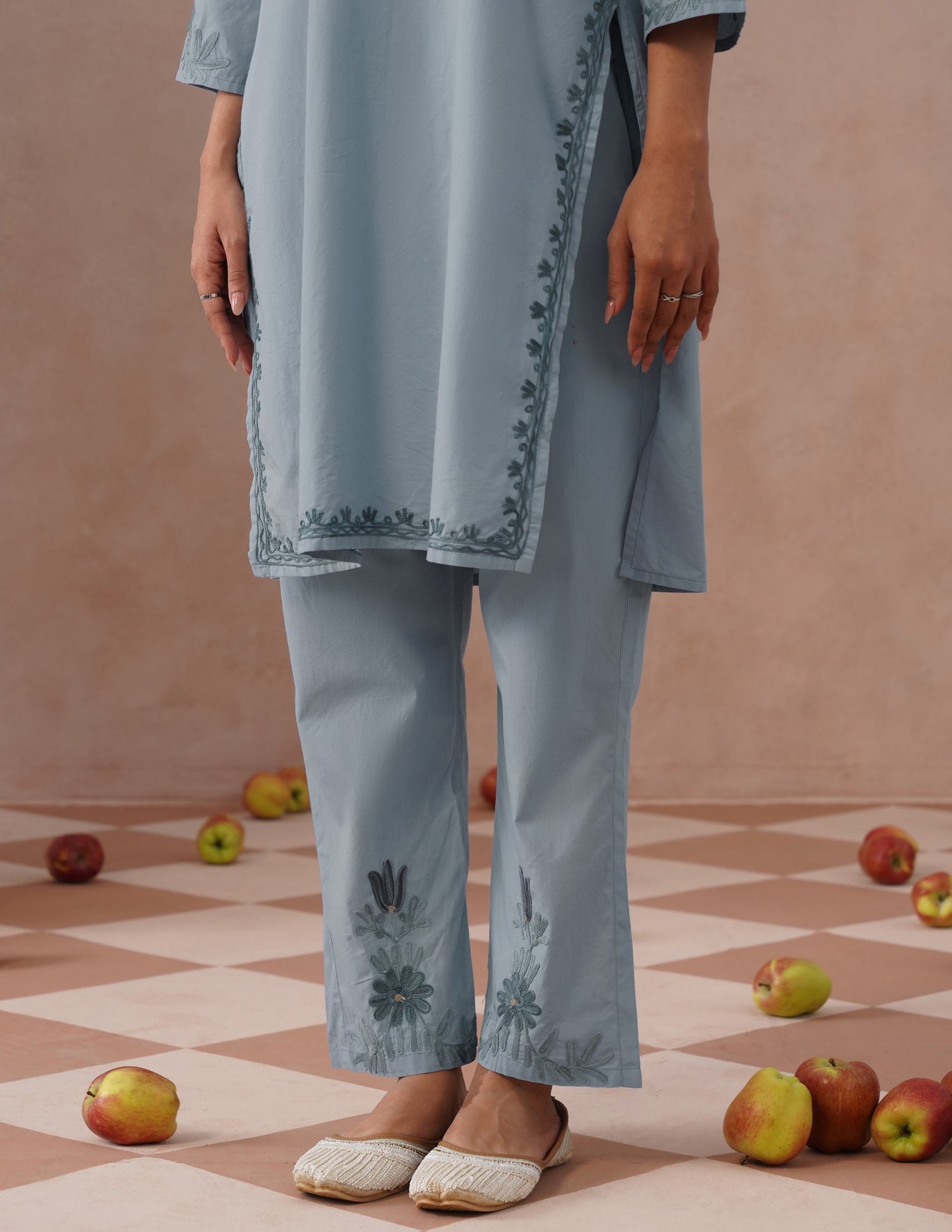 Light Blue Poplin Coordset – Grey &amp; Green Aari Embroidery | Monochrome Ethnic Wear - Kashmir Box