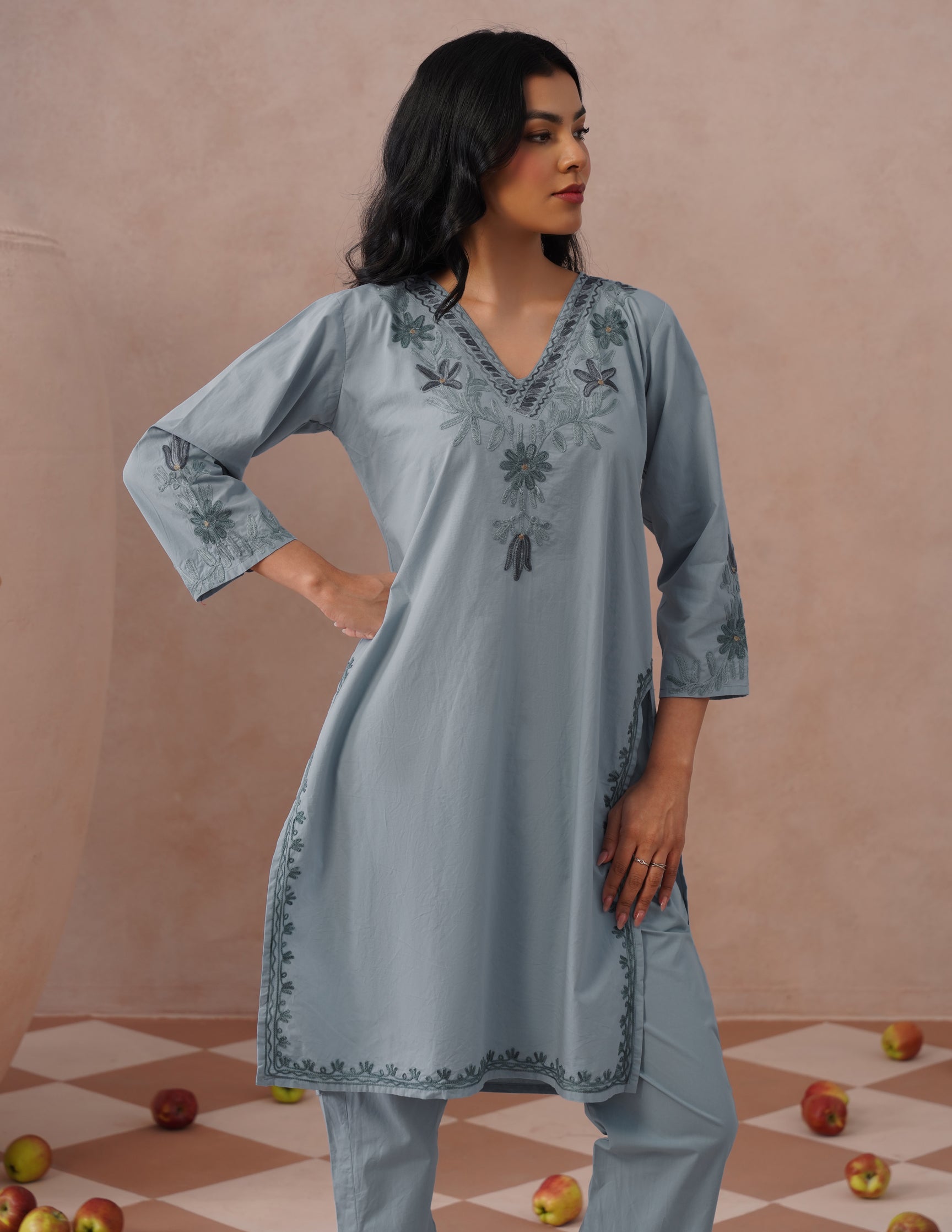 Light Blue Poplin Coordset – Grey &amp; Green Aari Embroidery | Monochrome Ethnic Wear - Kashmir Box