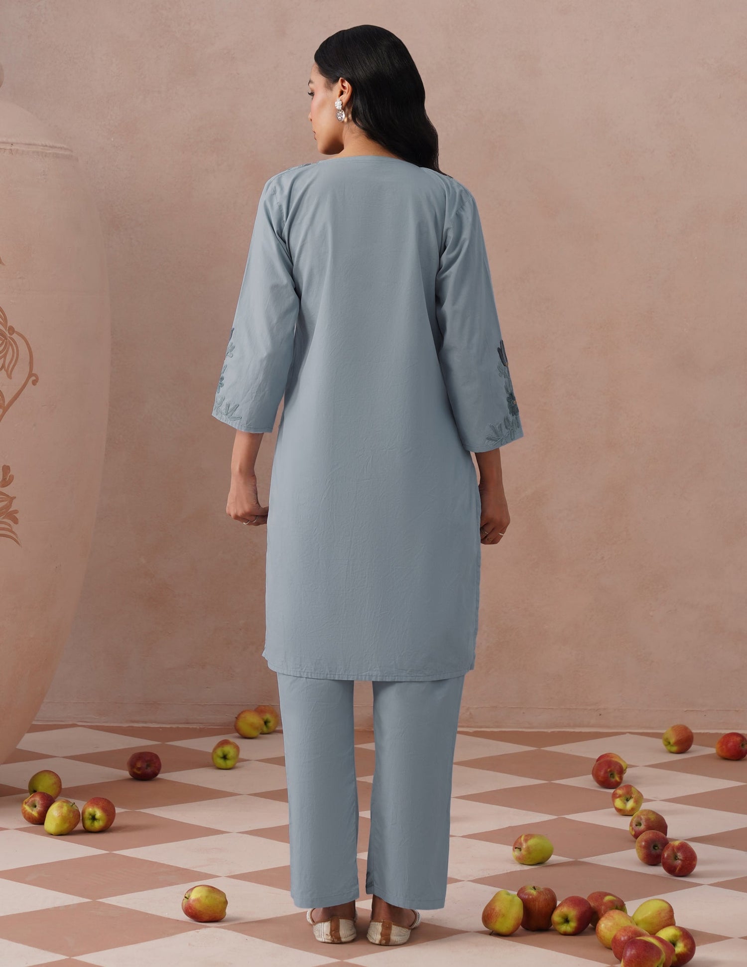 Light Blue Poplin Coordset – Grey &amp; Green Aari Embroidery | Monochrome Ethnic Wear - Kashmir Box