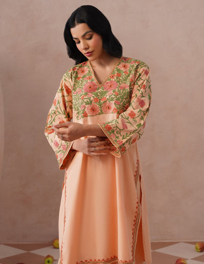 Light Peach Poplin Coordset – Pink &amp; Green Aari Embroidery | Office &amp; Casual Wear - Kashmir Box