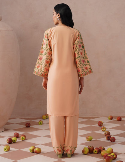 Light Peach Poplin Coordset – Pink &amp; Green Aari Embroidery | Office &amp; Casual Wear - Kashmir Box