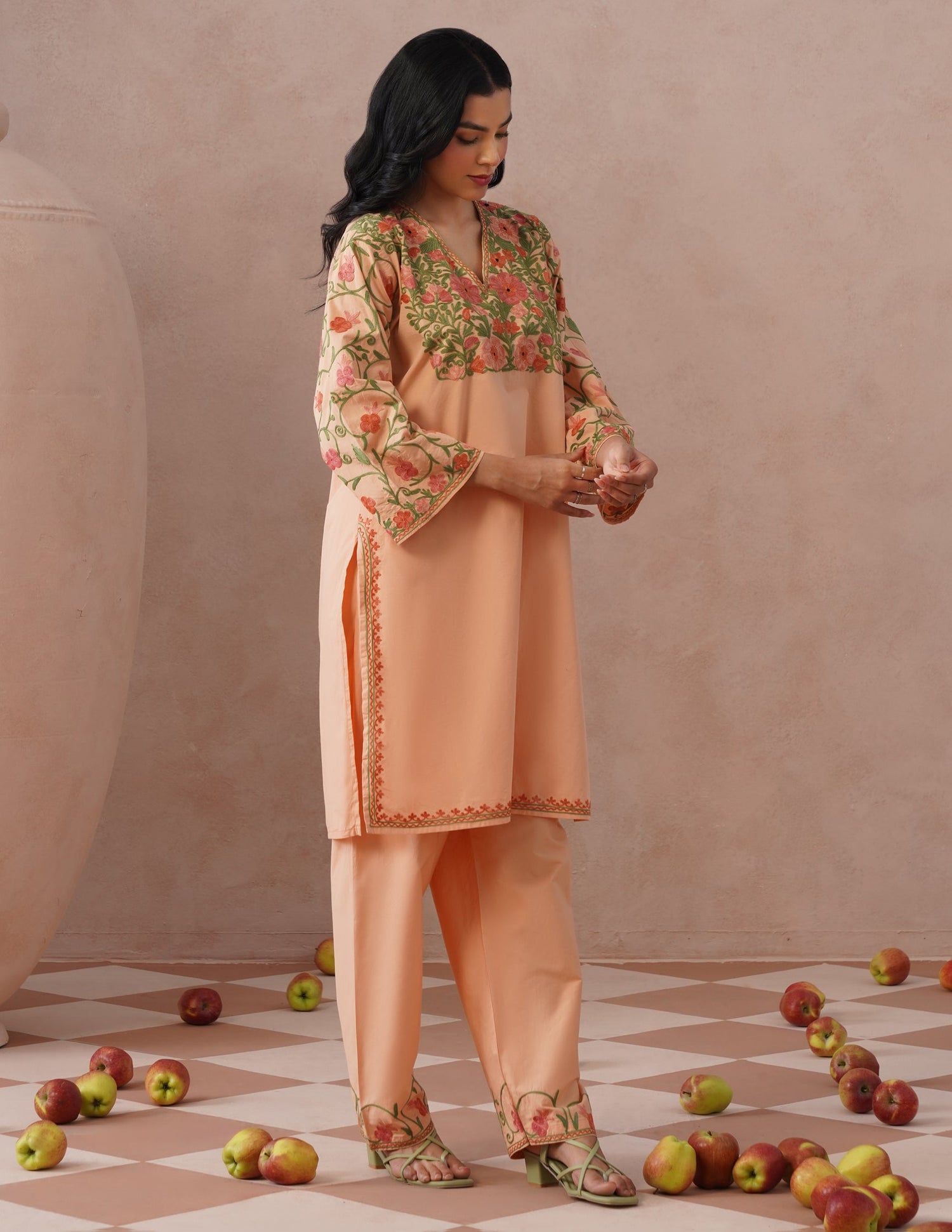 Light Peach Poplin Coordset – Pink &amp; Green Aari Embroidery | Office &amp; Casual Wear - Kashmir Box
