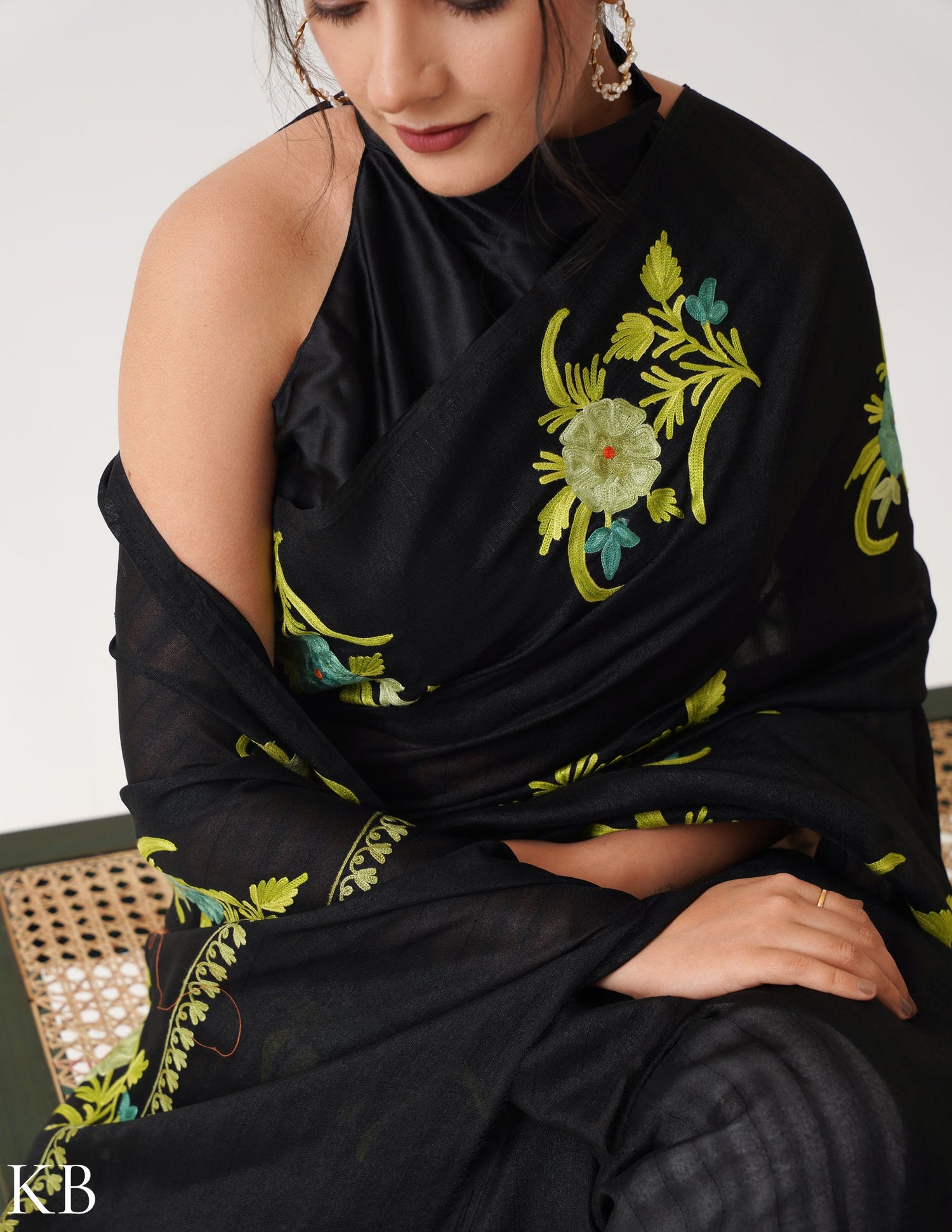 Lush Green Embroidered Classic Black Silk Saree - Kashmir Box