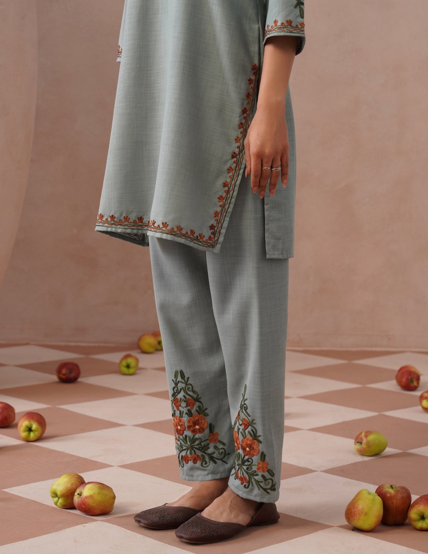 Light Blue Cotton Coordset – Green &amp; Brown Earthy Embroidery | Everyday Ethnic Wear - Kashmir Box