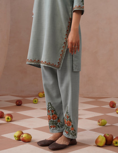 Light Blue Cotton Coordset – Green &amp; Brown Earthy Embroidery | Everyday Ethnic Wear - Kashmir Box