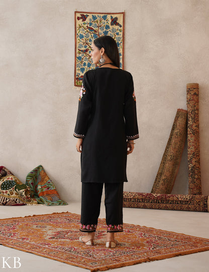 meHER Bold Black Kashmiri Aari Woollen Co-ord Set