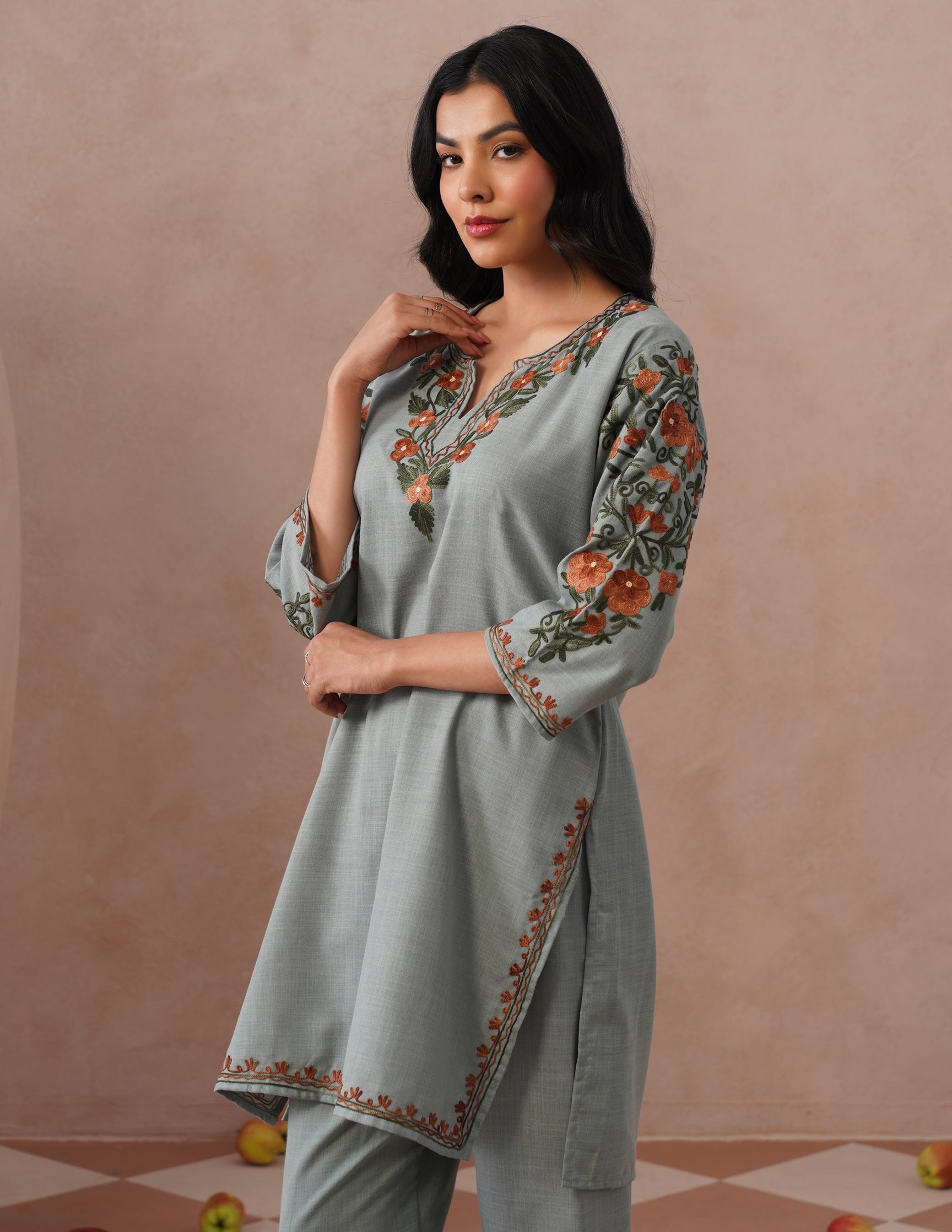 Light Blue Cotton Coordset – Green &amp; Brown Earthy Embroidery | Everyday Ethnic Wear - Kashmir Box