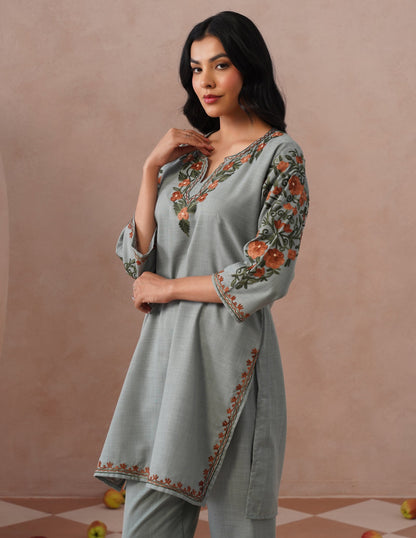 Light Blue Cotton Coordset – Green &amp; Brown Earthy Embroidery | Everyday Ethnic Wear - Kashmir Box