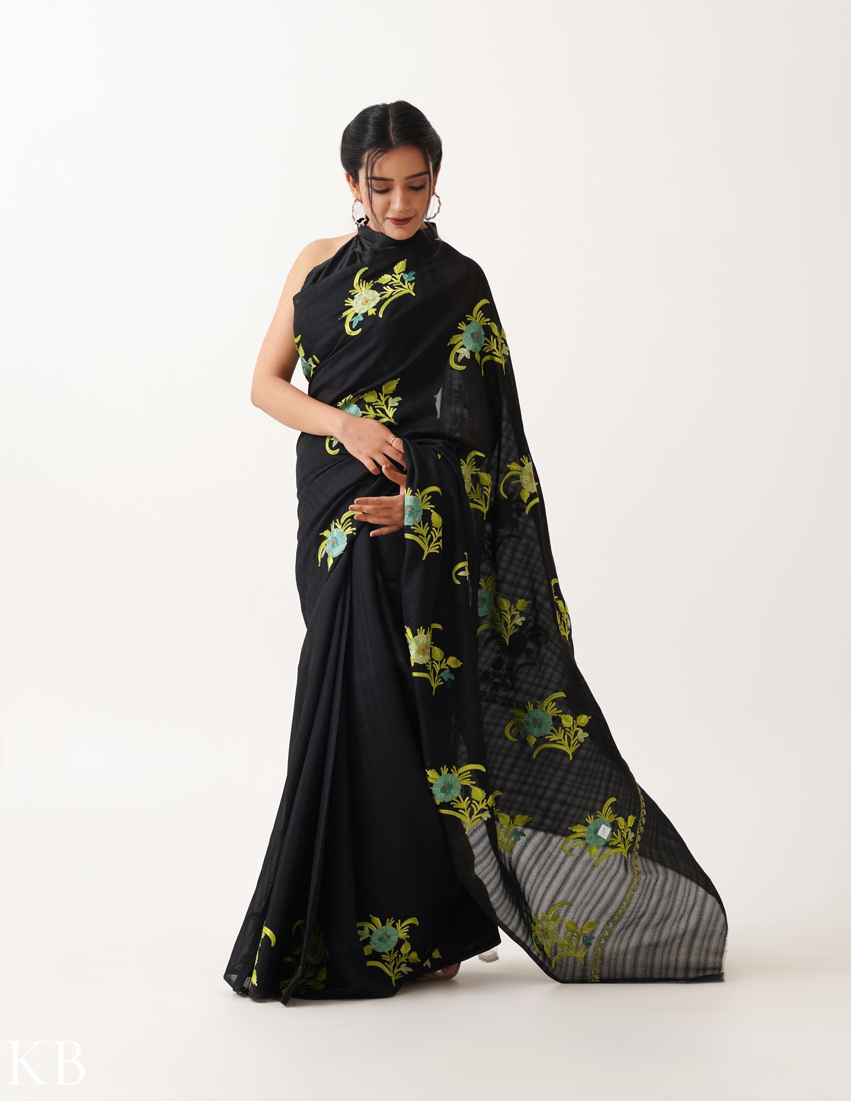 Lush Green Embroidered Classic Black Silk Saree - Kashmir Box