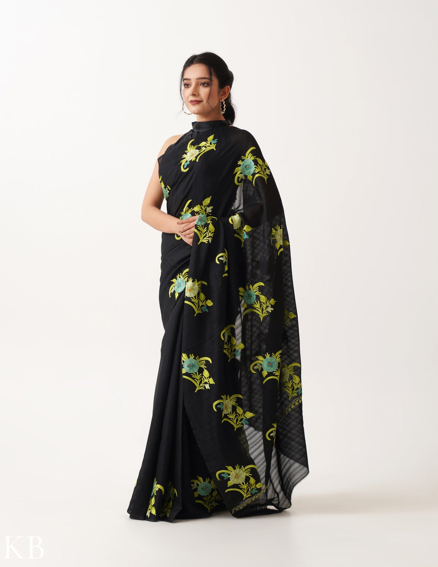 Lush Green Embroidered Classic Black Silk Saree - Kashmir Box