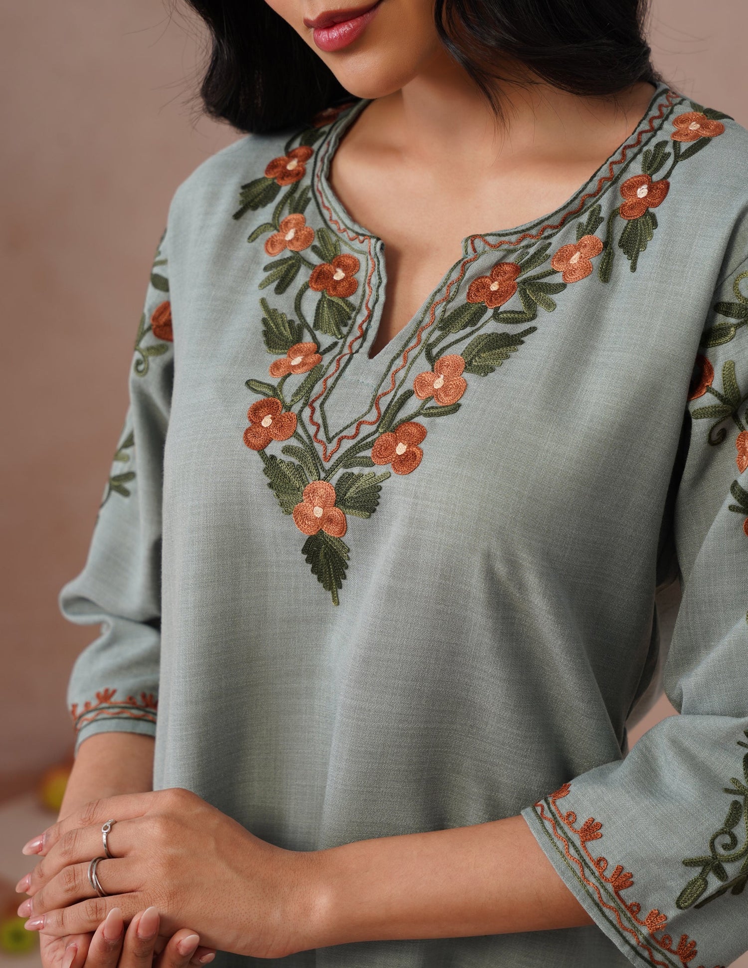 Light Blue Cotton Coordset – Green &amp; Brown Earthy Embroidery | Everyday Ethnic Wear - Kashmir Box