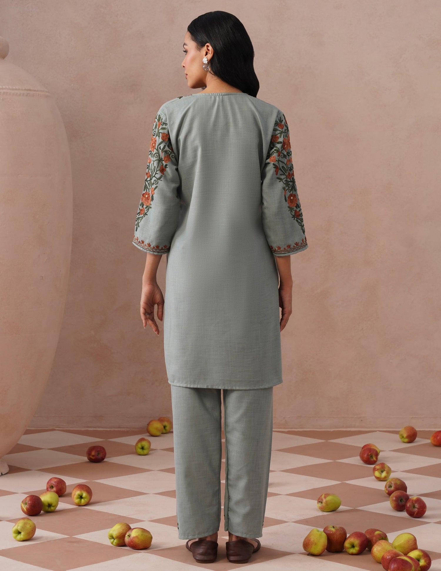 Light Blue Cotton Coordset – Green &amp; Brown Earthy Embroidery | Everyday Ethnic Wear - Kashmir Box