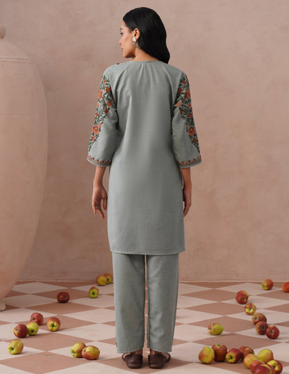Light Blue Cotton Coordset – Green &amp; Brown Earthy Embroidery | Everyday Ethnic Wear - Kashmir Box