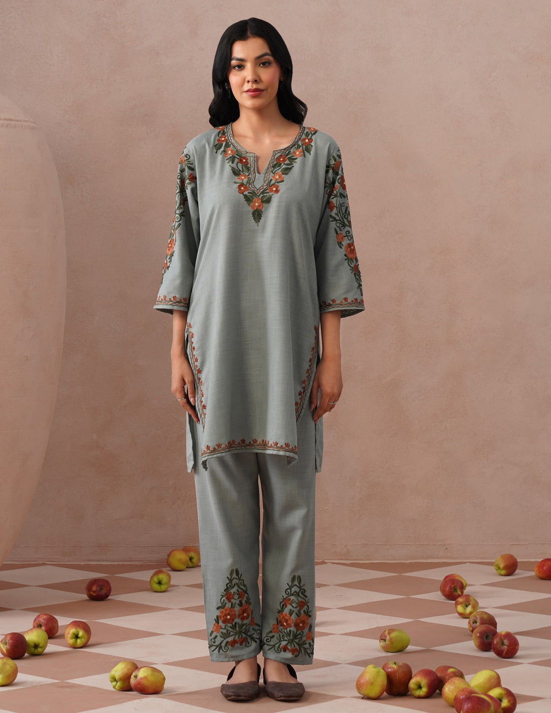 Light Blue Cotton Coordset – Green & Brown Earthy Embroidery | Everyday Ethnic Wear - Kashmir Box